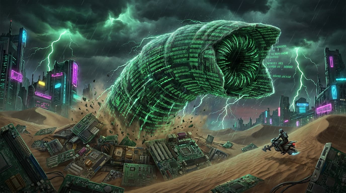 A conceptual image of the Shai-Hulud malware, depicted as a giant worm made of computer code.