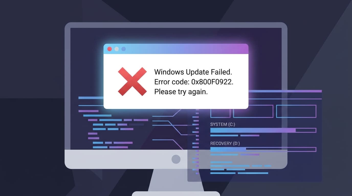 Illustration of a Windows update error on a computer screen.
