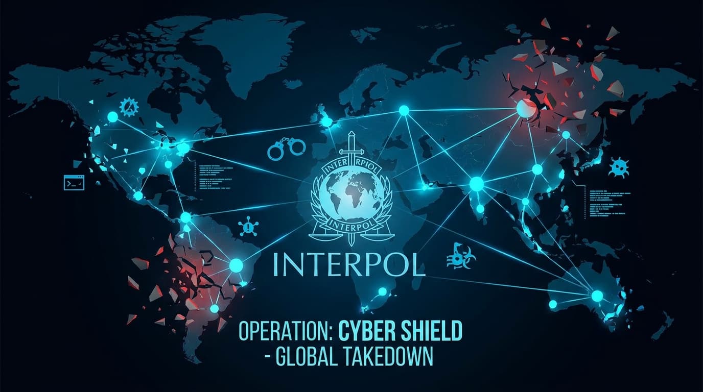 Abstract representation of a global cybercrime takedown by INTERPOL.