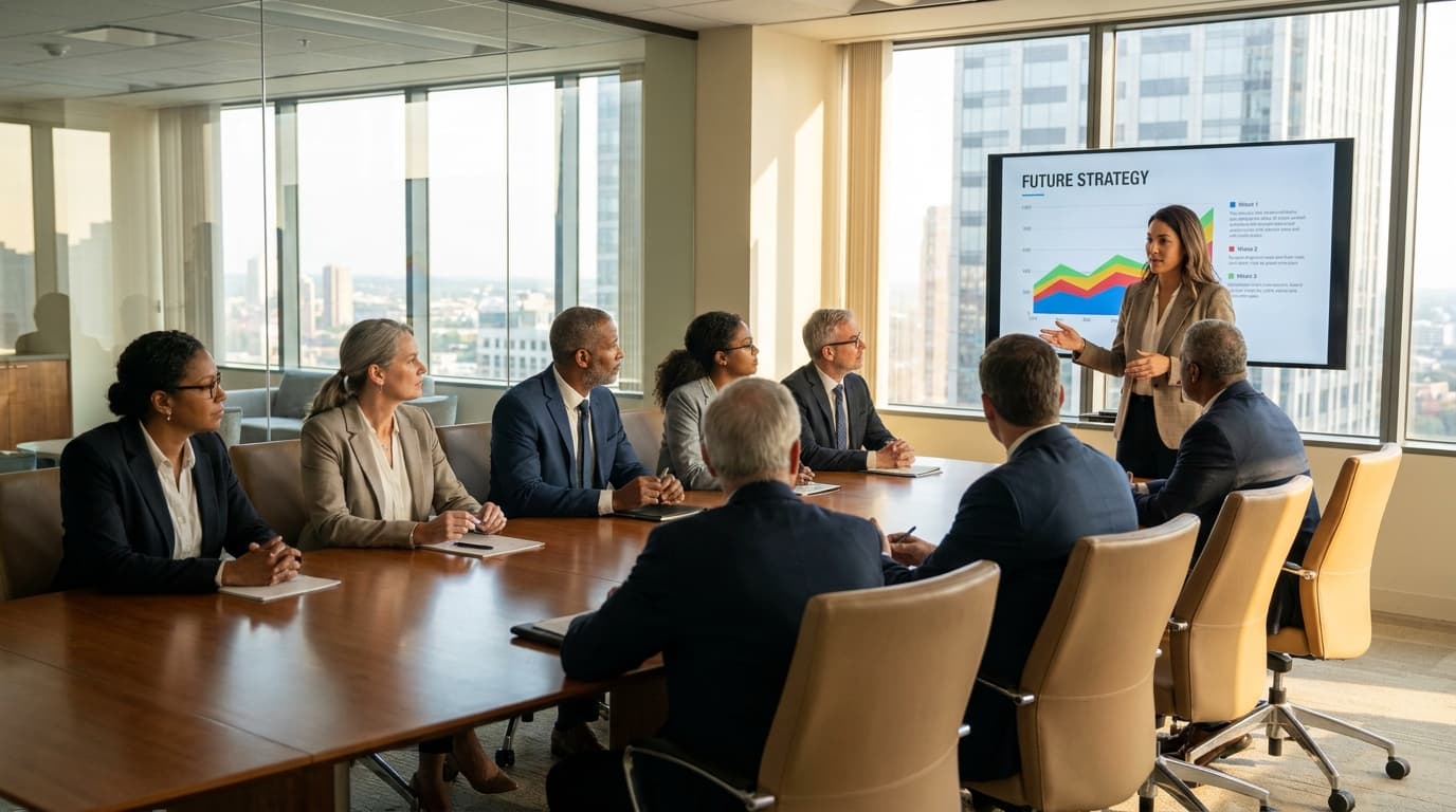 An executive candidate presenting to a corporate board.