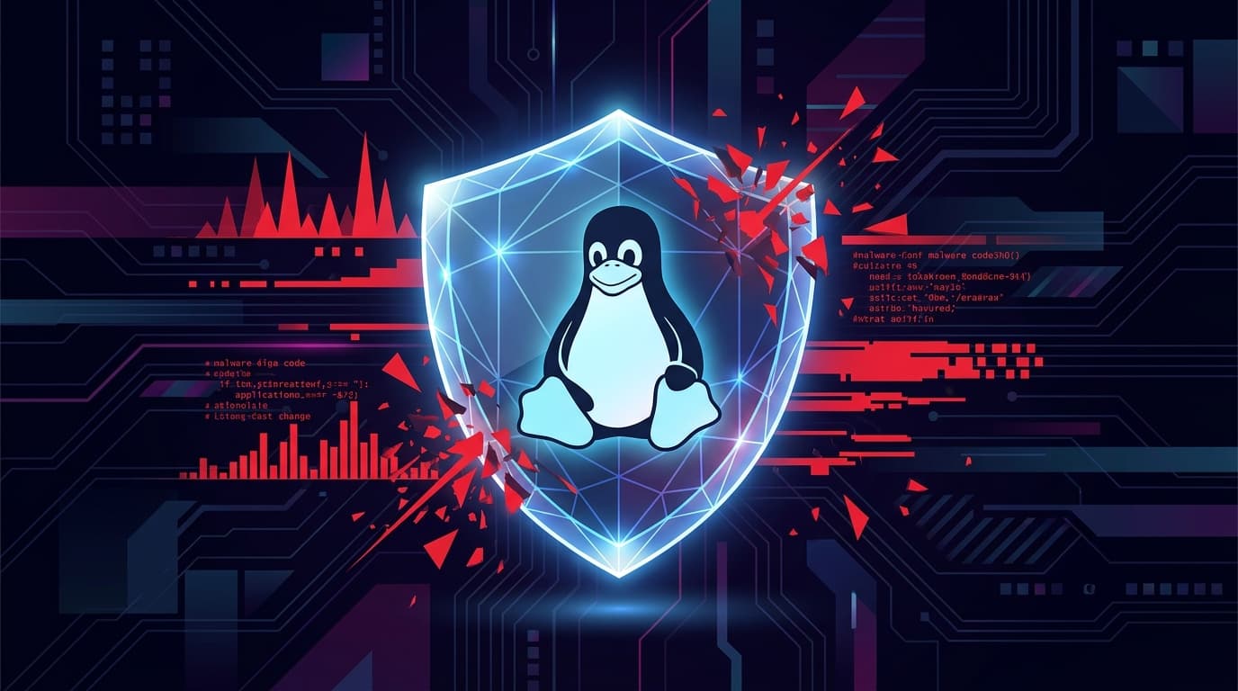 A shield icon protecting the Linux penguin mascot from security threats.