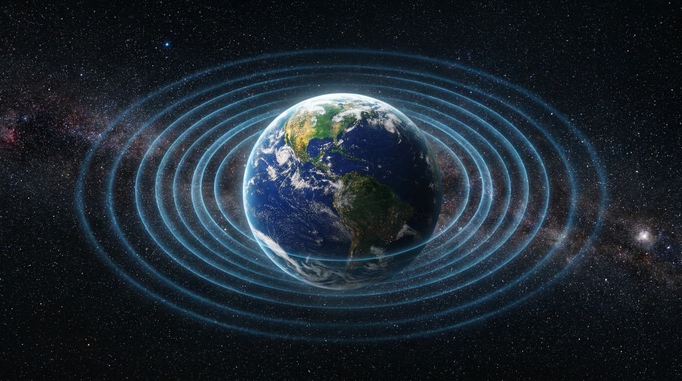 An illustration of Earth in space, emitting concentric rings of radio waves that form a large bubble against the backdrop of the galaxy.