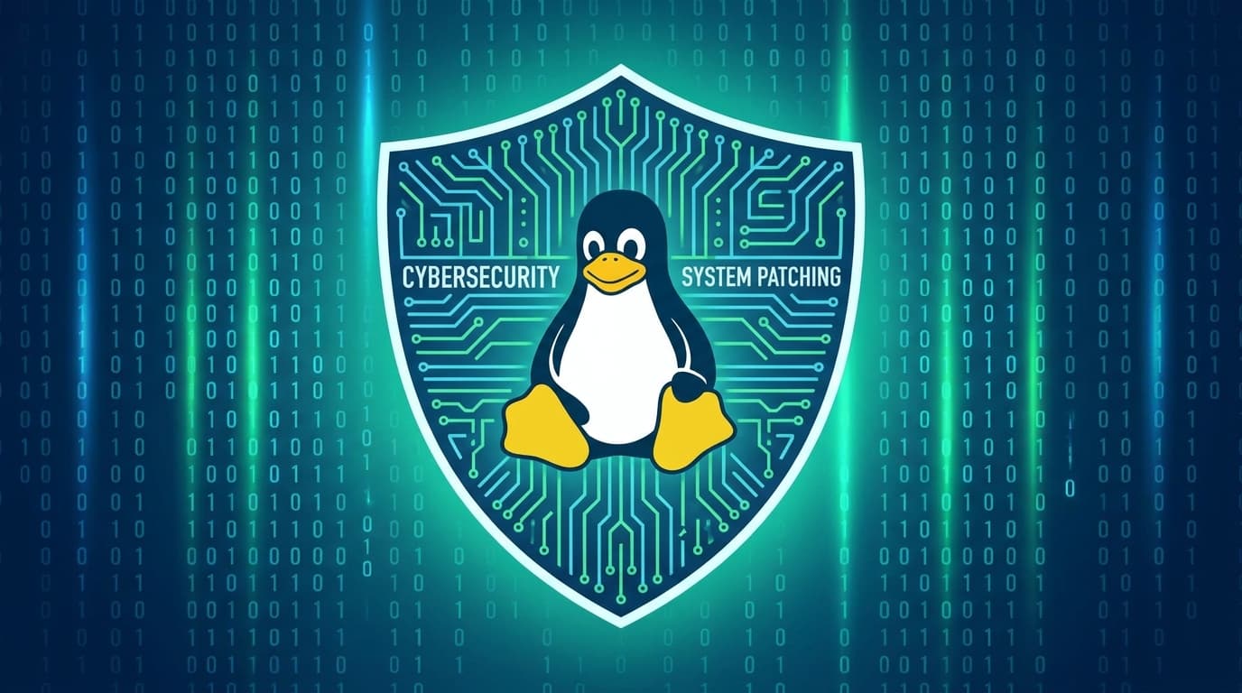 A shield icon protecting the Linux penguin mascot, symbolizing the new security patch for the kernel.