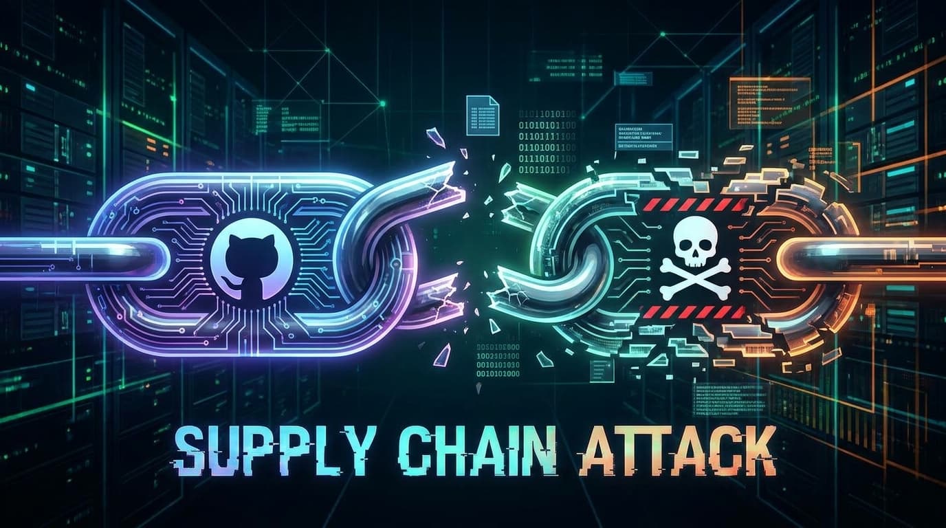 Illustration of a broken supply chain with the GitHub logo, symbolizing a security attack on GitHub Actions.
