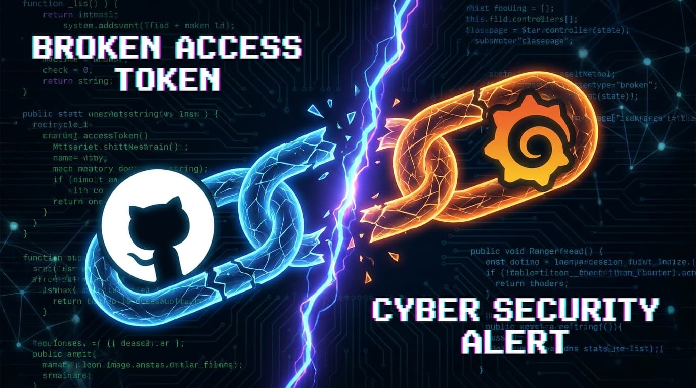 Illustration of a broken chain link between GitHub and Grafana, representing a security breach via a stolen token.