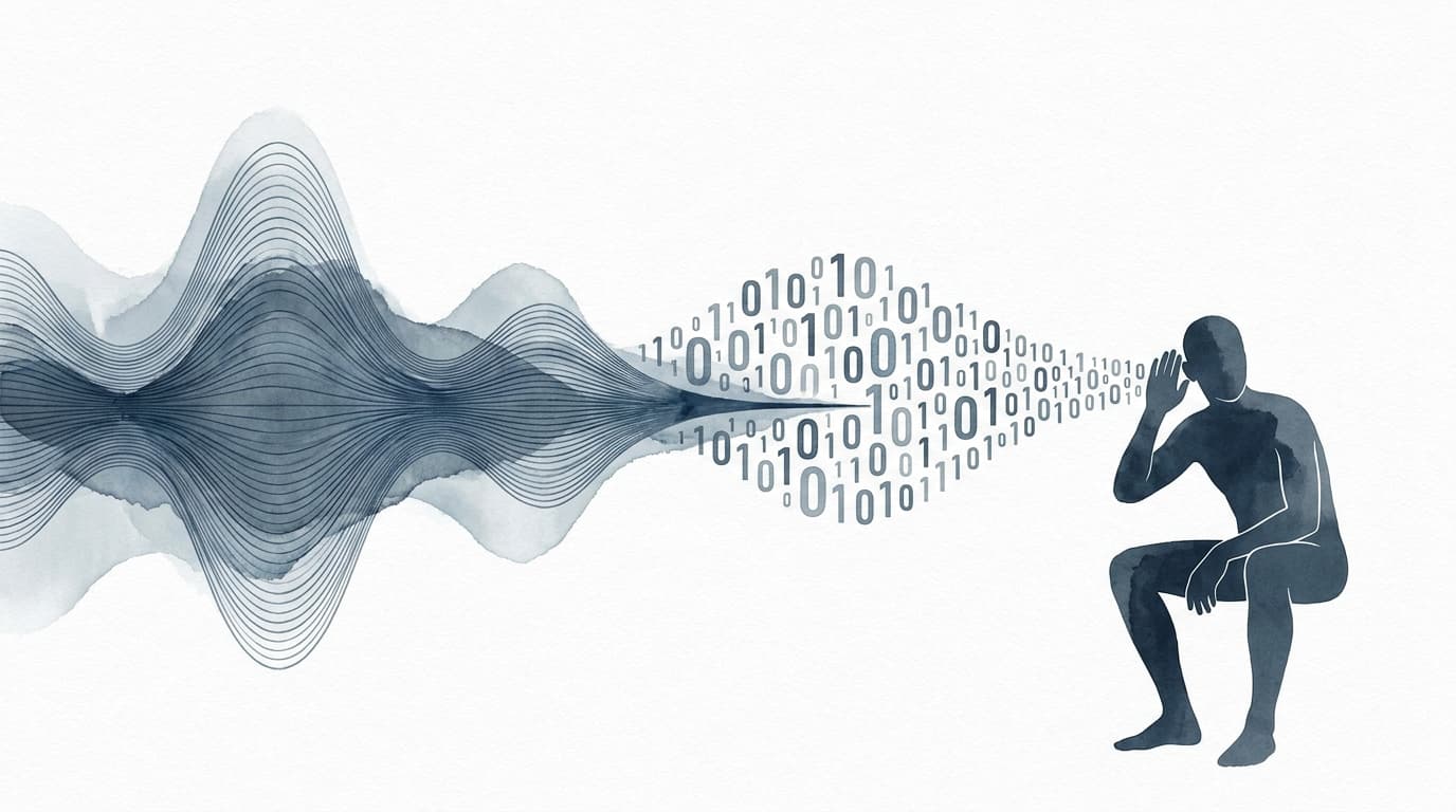 Abstract art showing sound waves turning into digital code, symbolizing the intersection of music and technology.