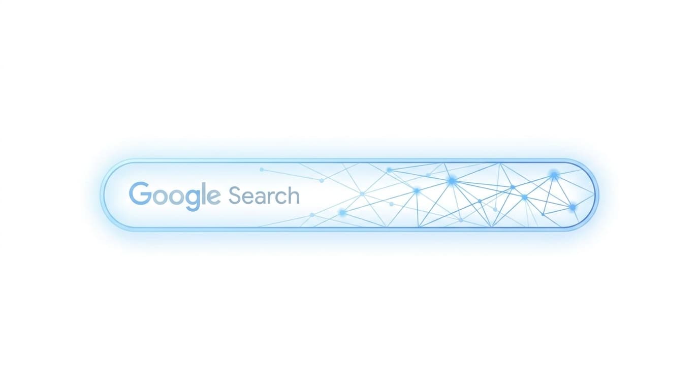 Illustration of the newly redesigned Google search bar infused with an artificial intelligence theme.