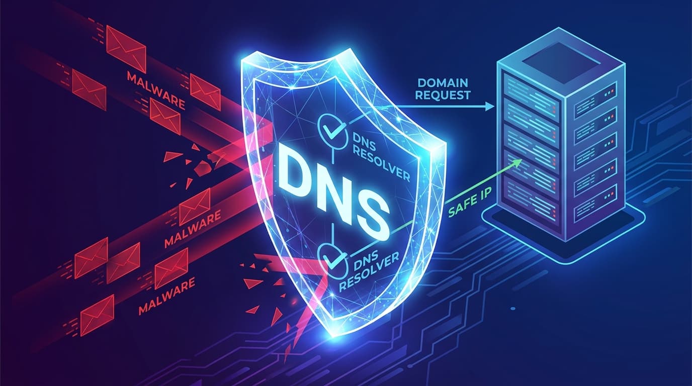Abstract image of a shield defending a server, representing the security patch for the Unbound DNS vulnerability.