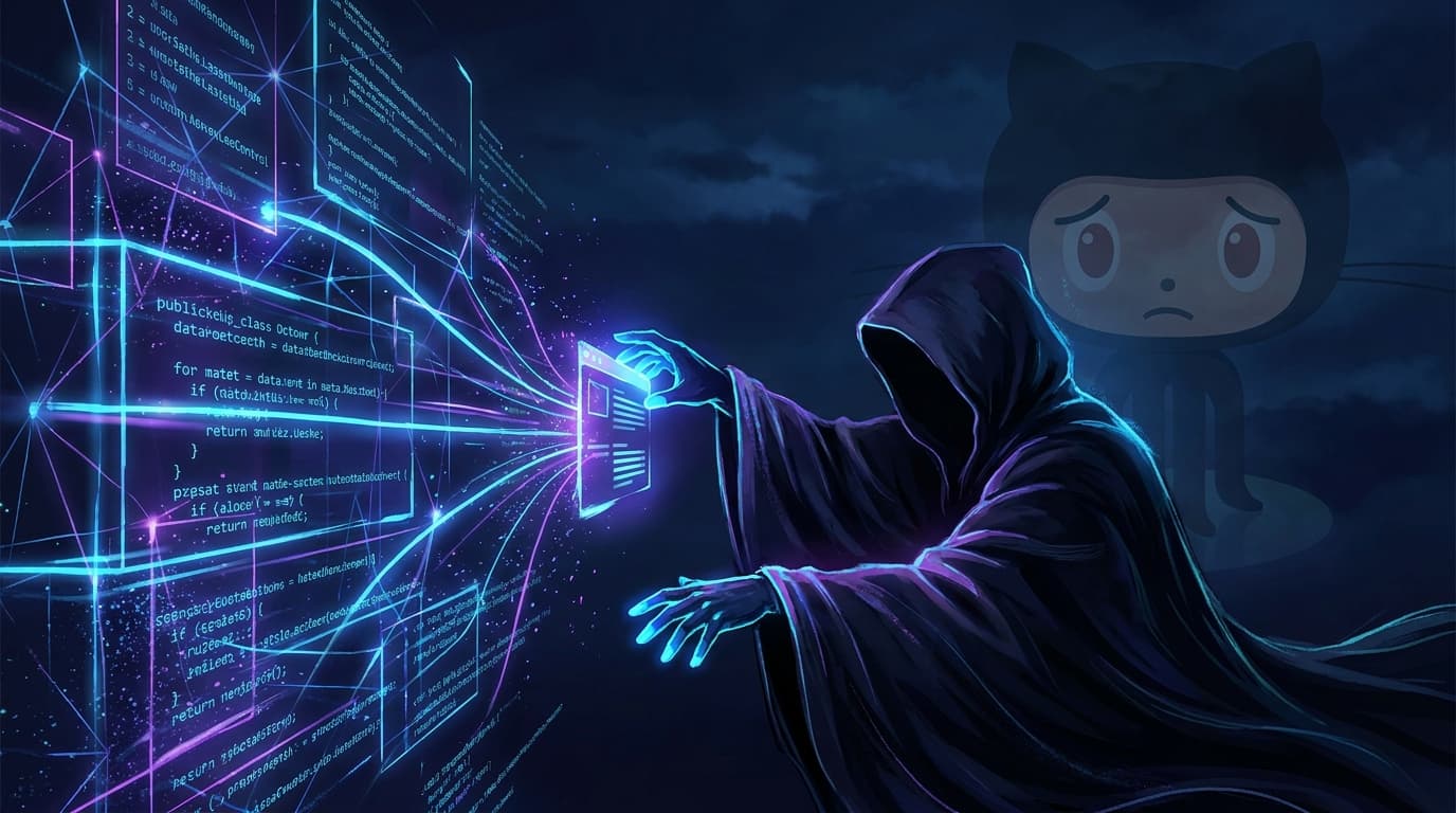 Illustration of a hacker stealing code from a GitHub repository, symbolizing the alleged security breach.