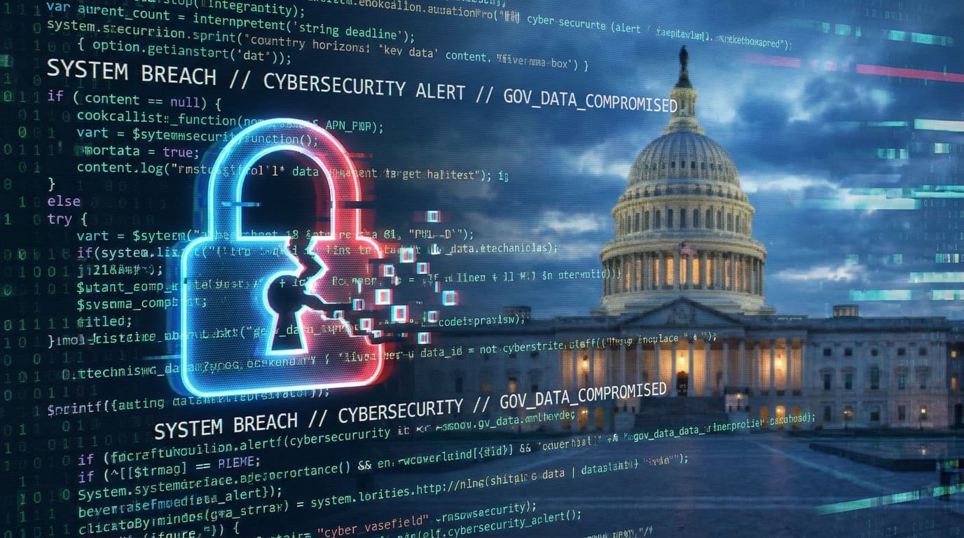 Abstract image of a broken lock over source code, symbolizing a government cybersecurity breach.