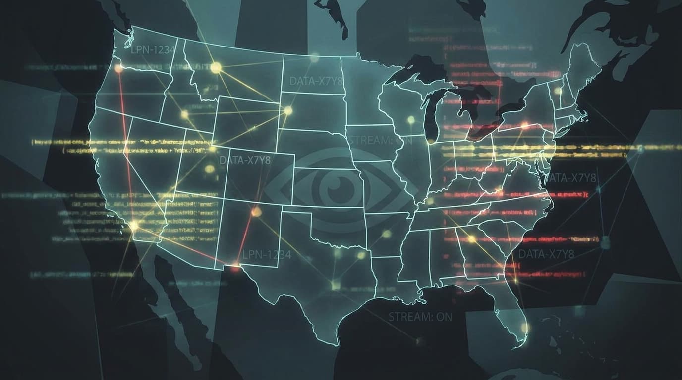 Digital surveillance network over a map of the US, symbolizing the FBI's access to nationwide license plate reader data.