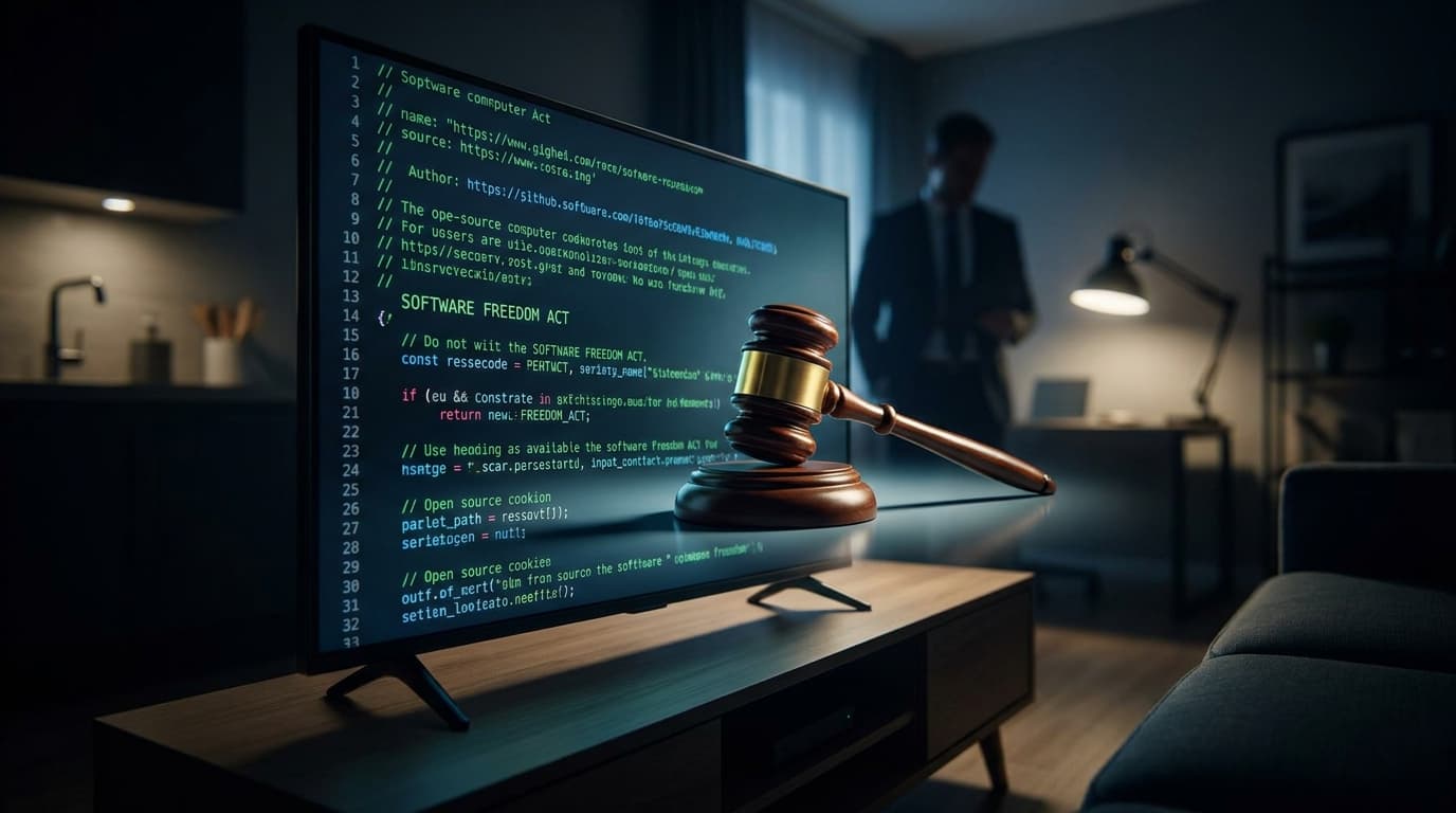 A legal gavel in front of a smart TV screen showing source code, representing the Vizio open-source lawsuit.