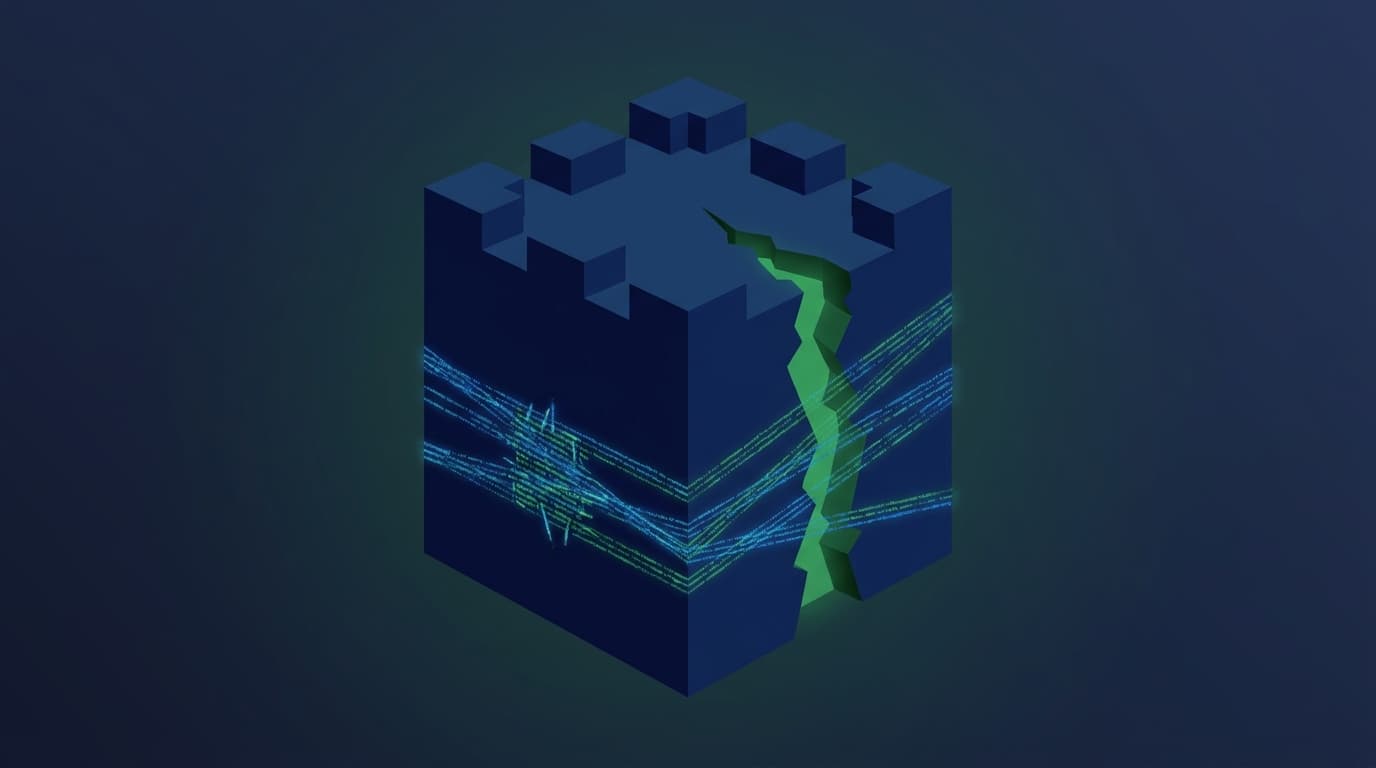 An abstract representation of a digital security patch fixing a vulnerability in a system's core.