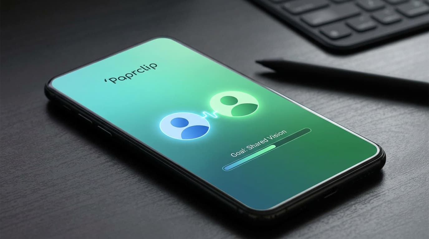 A smartphone displaying the Paprclip app, which shows two user profiles connected to represent social accountability for goal tracking.