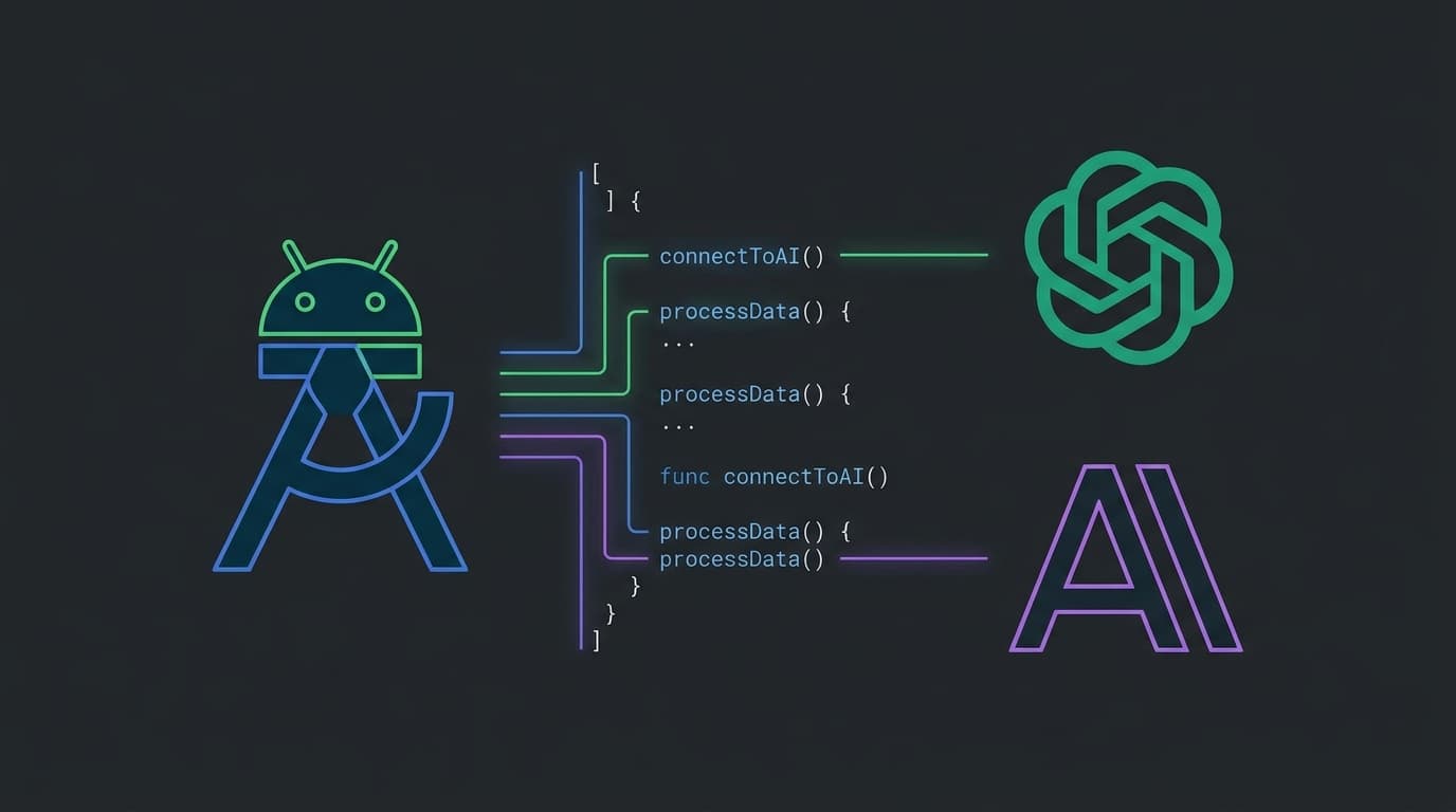 Logos of Android Studio, OpenAI, and Anthropic, illustrating their new integration for developers.