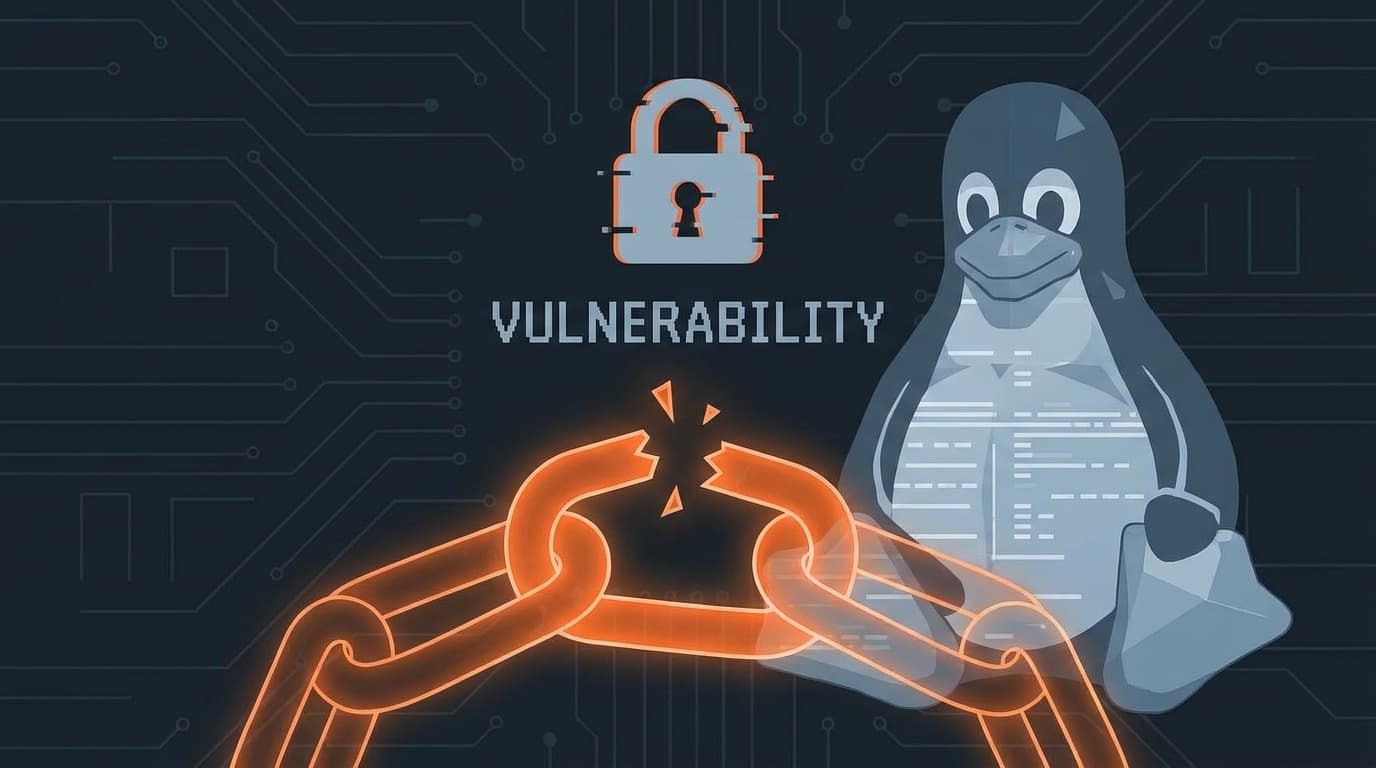 Illustration of a broken chain link, representing a security vulnerability in the Linux kernel.