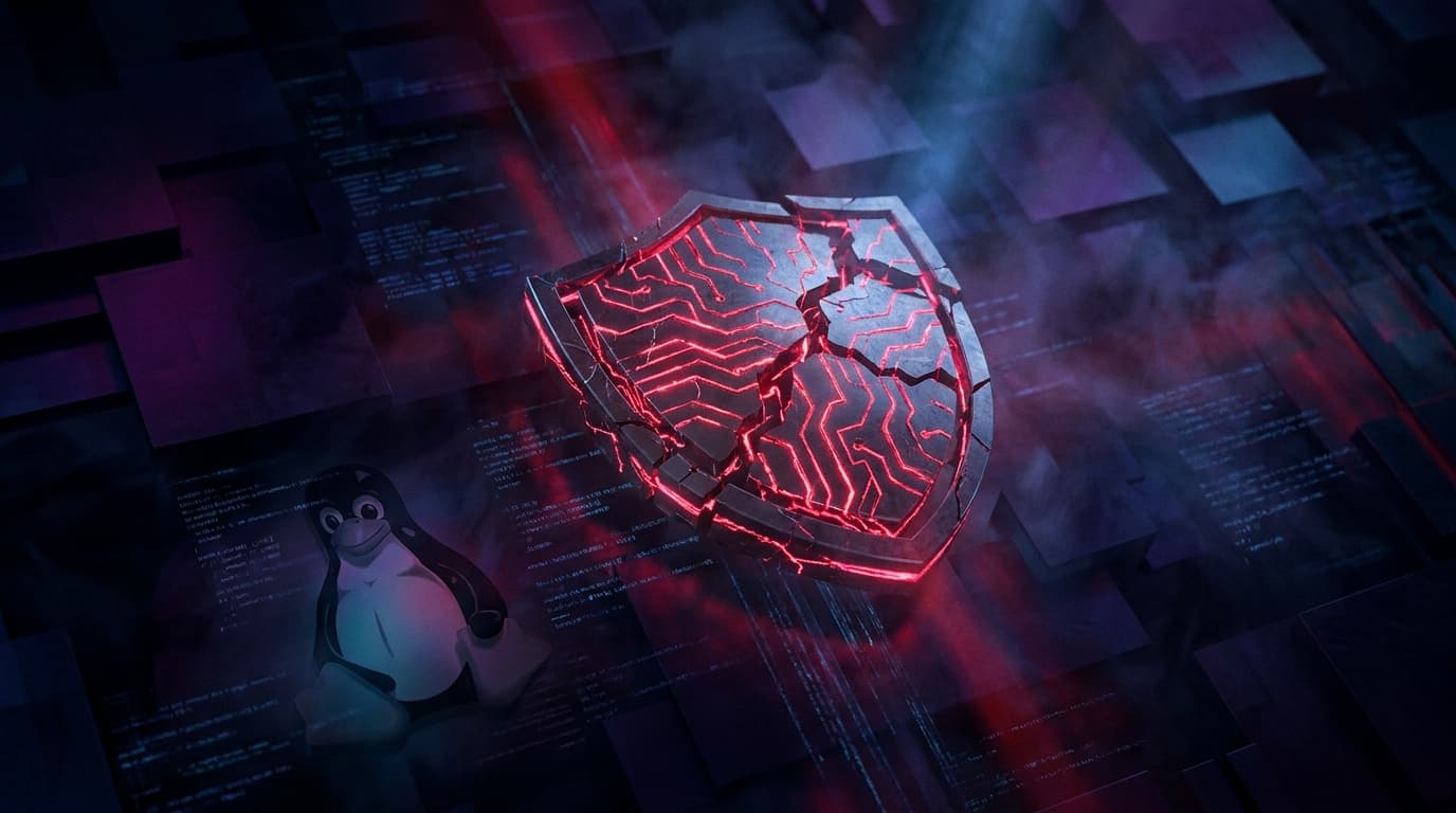 An illustration of a cracked shield, symbolizing the 'Dirty Frag' vulnerability in the Linux kernel.