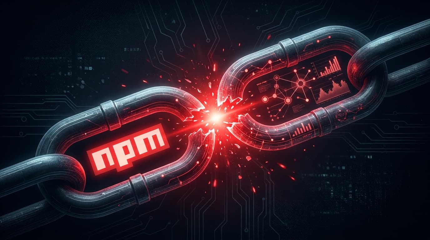 Illustration of a broken chain link representing a software supply chain attack on the npm package registry, impacting a data visualization tool.