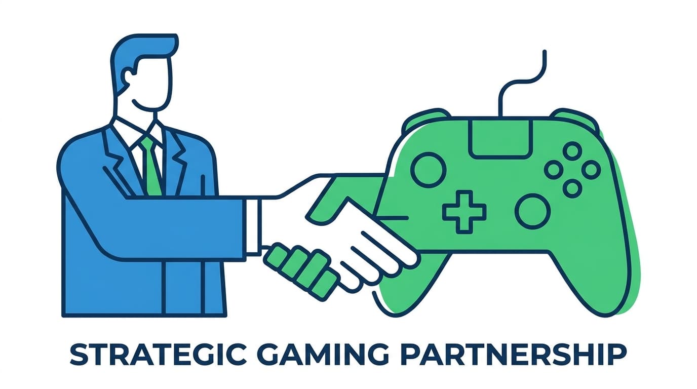 An abstract illustration of a business professional shaking hands with a stylized video game controller, representing a new strategy for Xbox.
