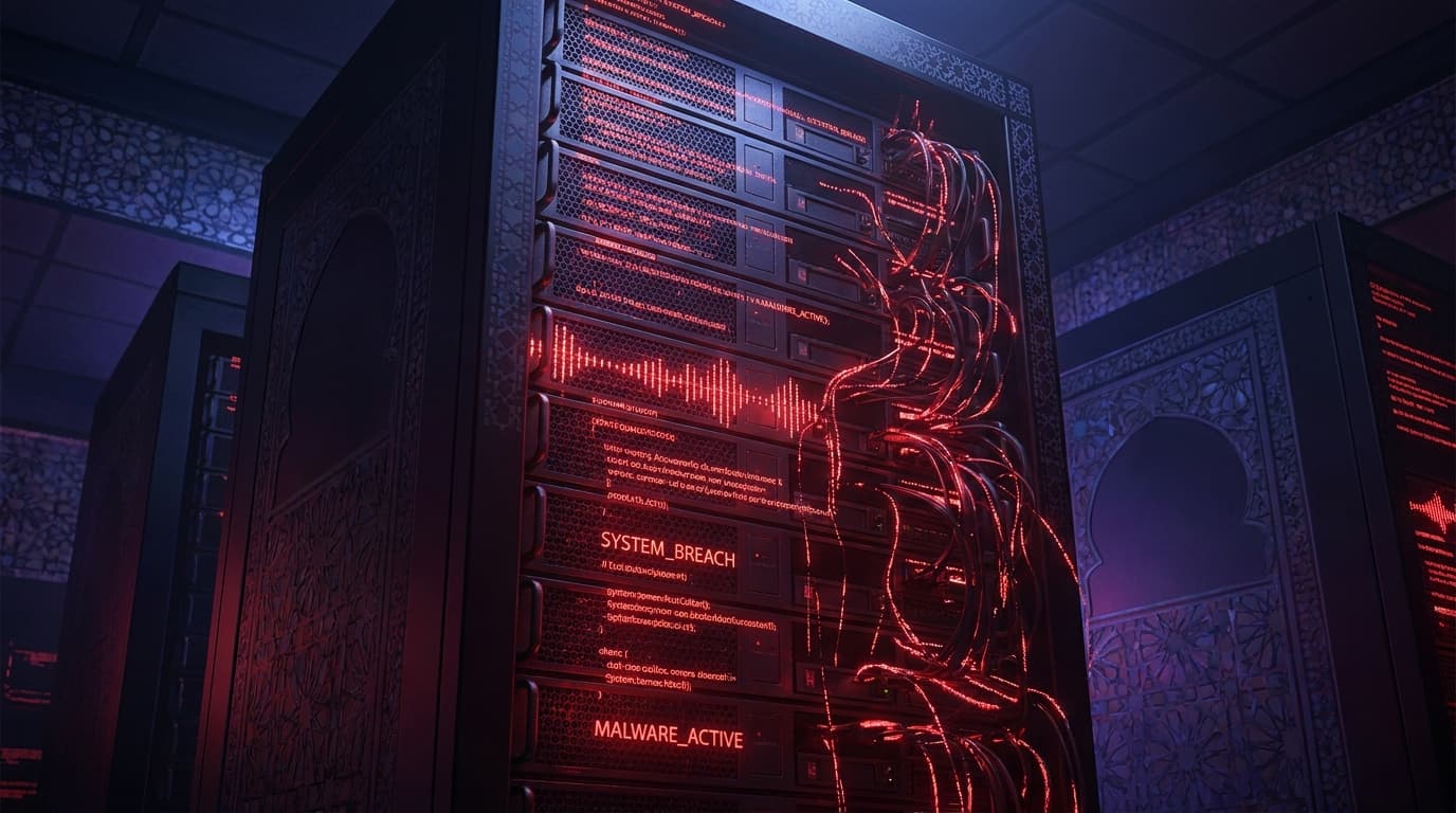 Illustration of a Linux server infected with malware, representing the Showboat cyber threat.
