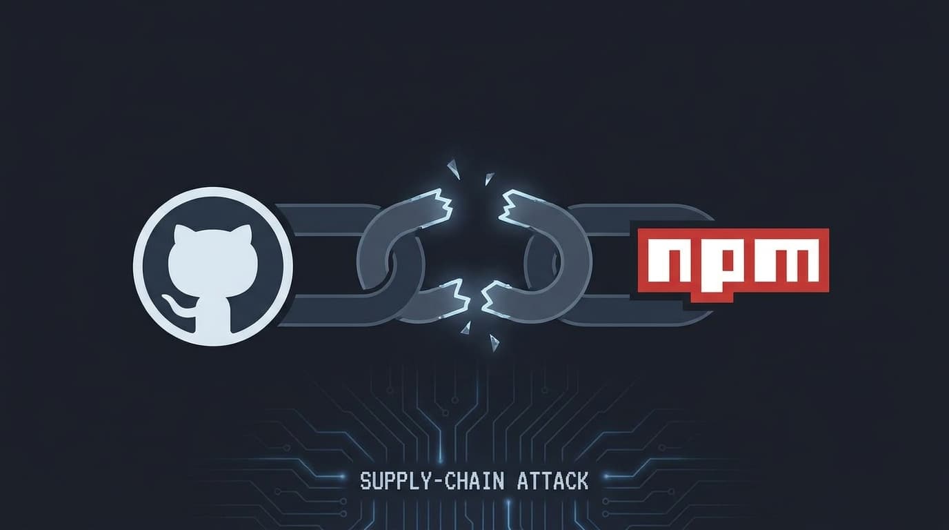 Illustration of a broken chain symbolizing a supply-chain attack, with GitHub and npm logos.