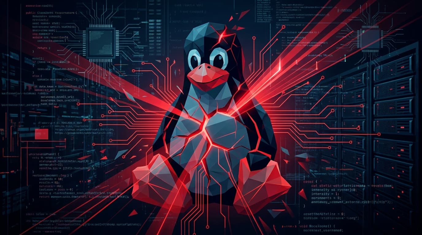A conceptual image representing a security vulnerability in the Linux kernel, showing a fractured logo.