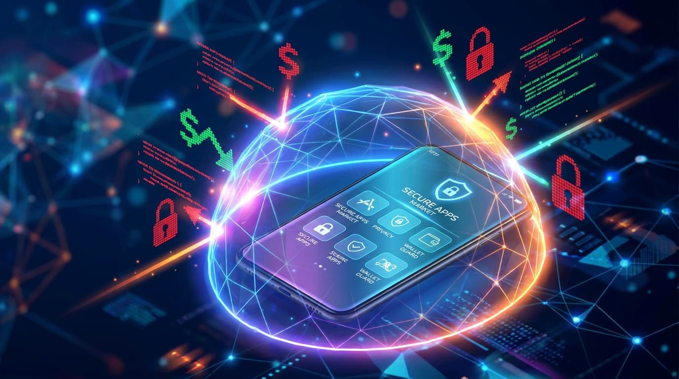 A conceptual image of a digital shield protecting a smartphone from fraudulent transactions on the App Store.