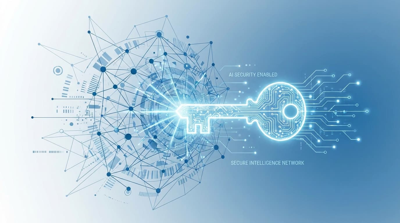 A key unlocking a digital network, symbolizing how security is essential for enabling artificial intelligence.