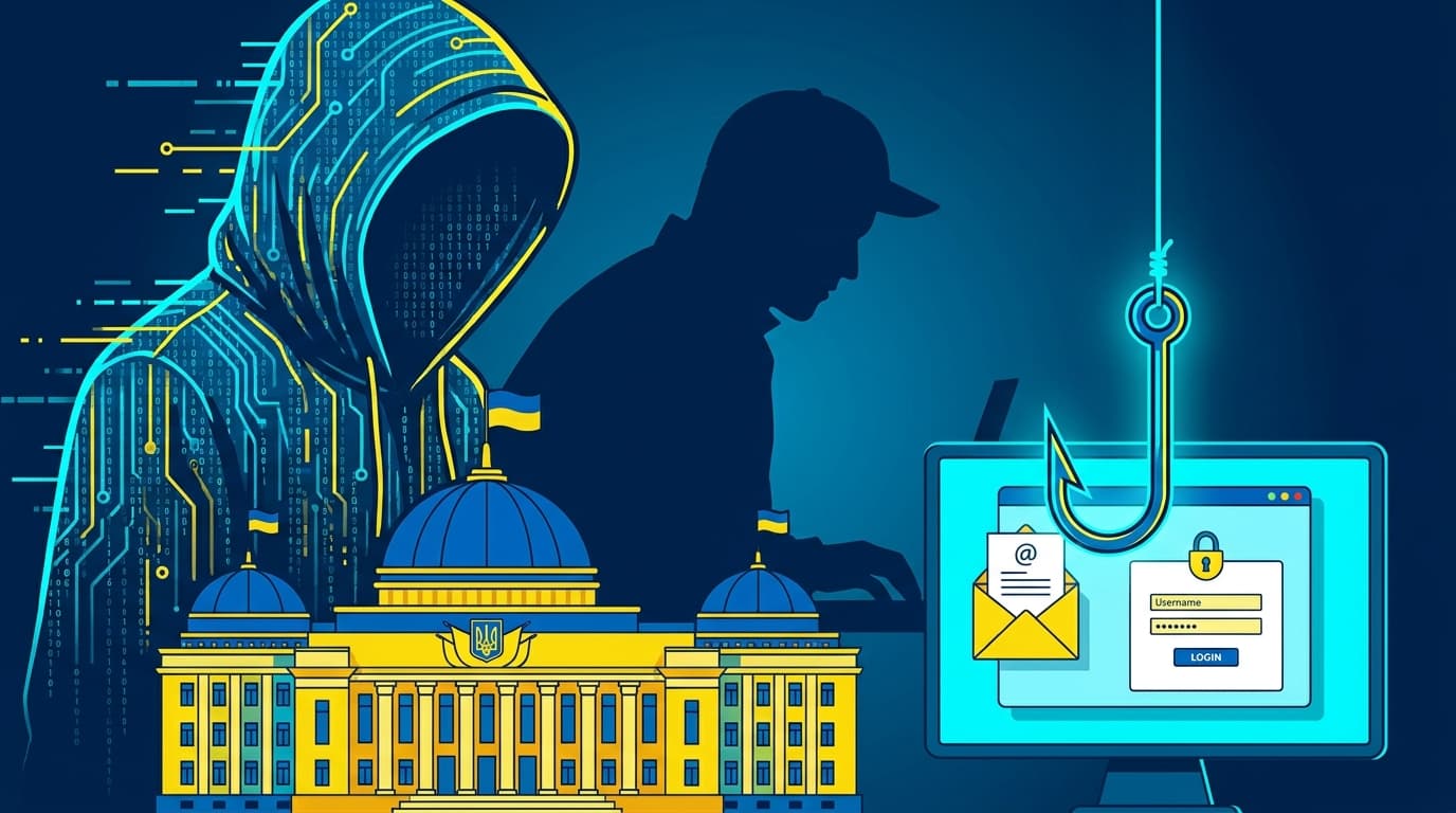 A conceptual image depicting a phishing attack on a government entity, with a hacker's shadow and a digital fishing hook.