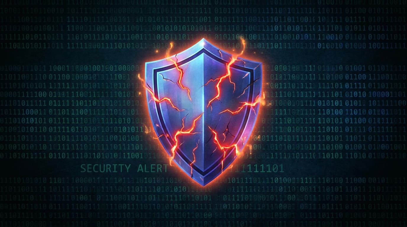 A digital security shield with red cracks, symbolizing a vulnerability in Microsoft Defender.