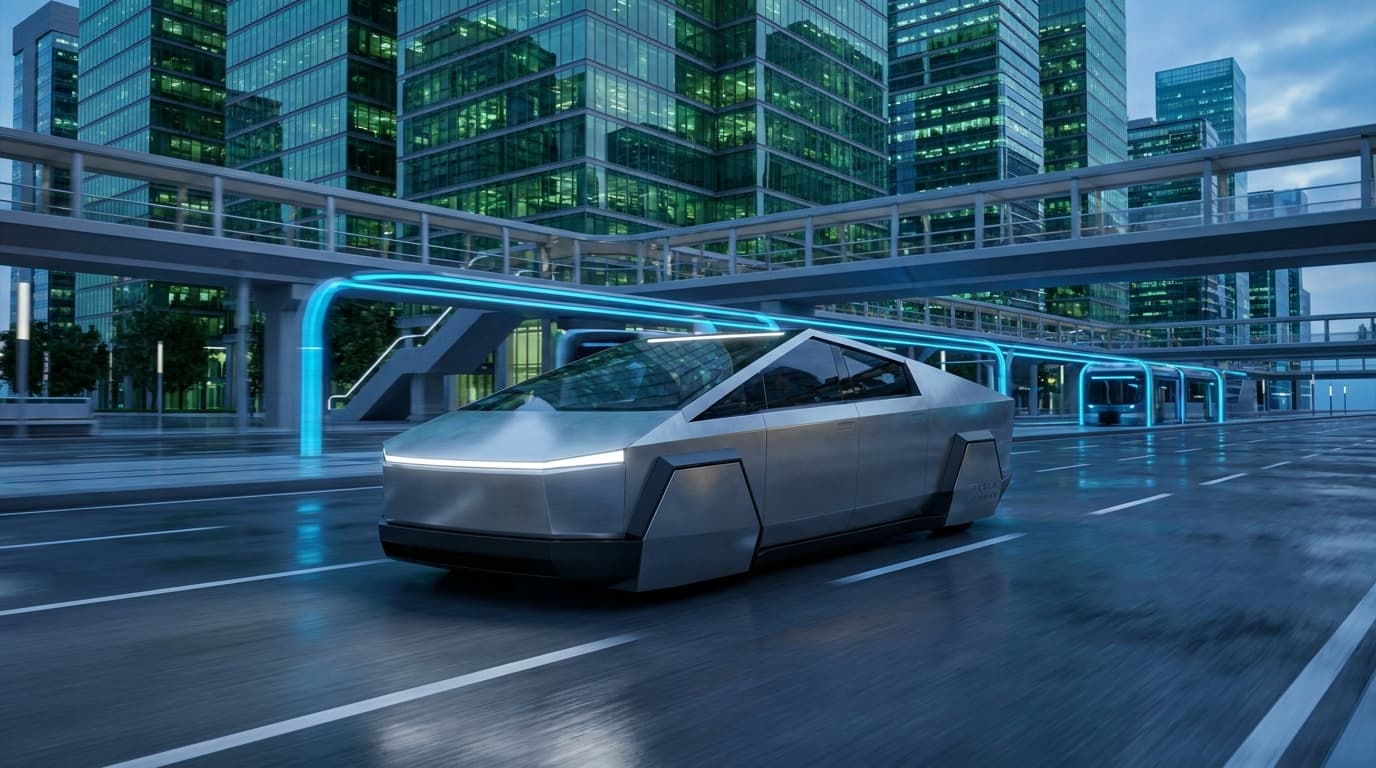 A futuristic, angular Tesla Cybercab, designed for autonomous ride-hailing, shown on a city street.