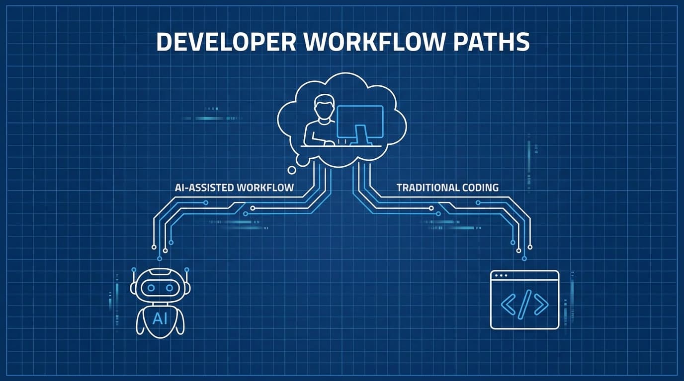 A diagram illustrating a developer's choice between using an AI coding agent and traditional coding methods.