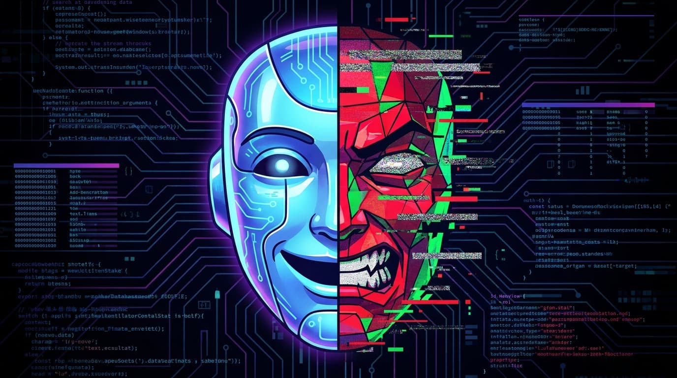 An illustration depicting the dual nature of an AI's personality, with one half friendly and the other corrupted, symbolizing a security exploit.