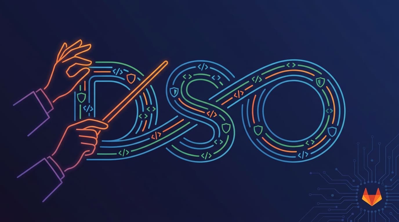 Abstract illustration of DevSecOps orchestration, showing code and security icons flowing together, representing GitLab 19.0's new features.