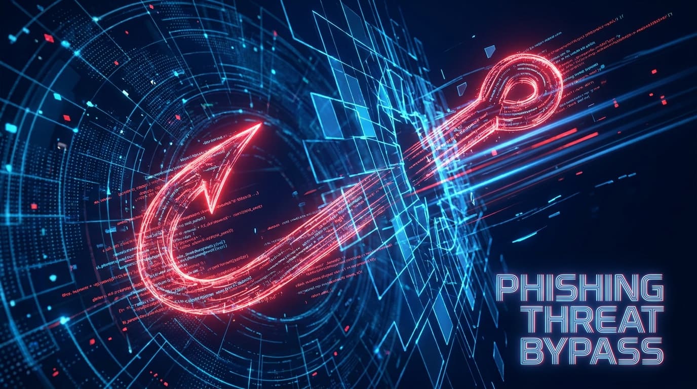 Abstract image of a red digital phishing hook bypassing a blue security grid, representing advanced cybersecurity threats.
