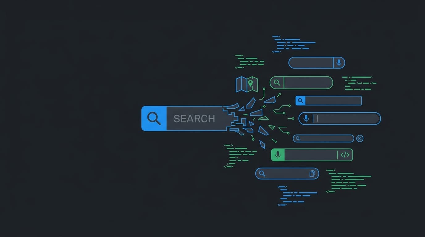 Abstract image of a central search bar breaking apart, symbolizing the move away from a single search engine to multiple alternatives in a tech environment.
