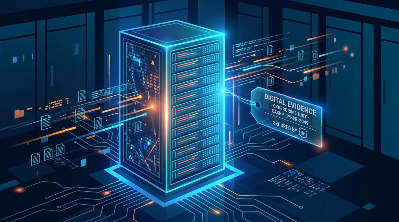 An illustration of a server rack in a data center with a law enforcement evidence tag, symbolizing a police seizure of cybercrime infrastructure.