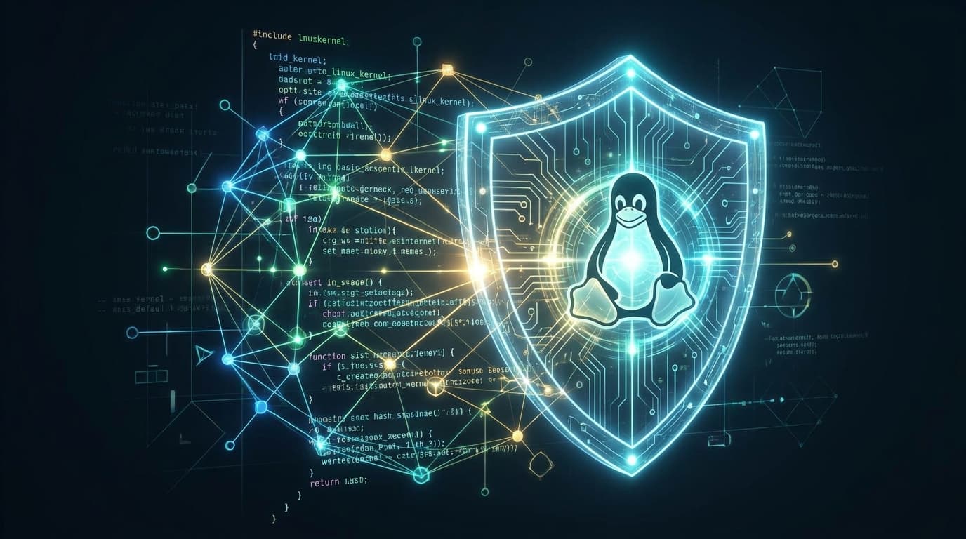 A secure shield icon protecting the Linux kernel from security threats, symbolizing a critical software patch.