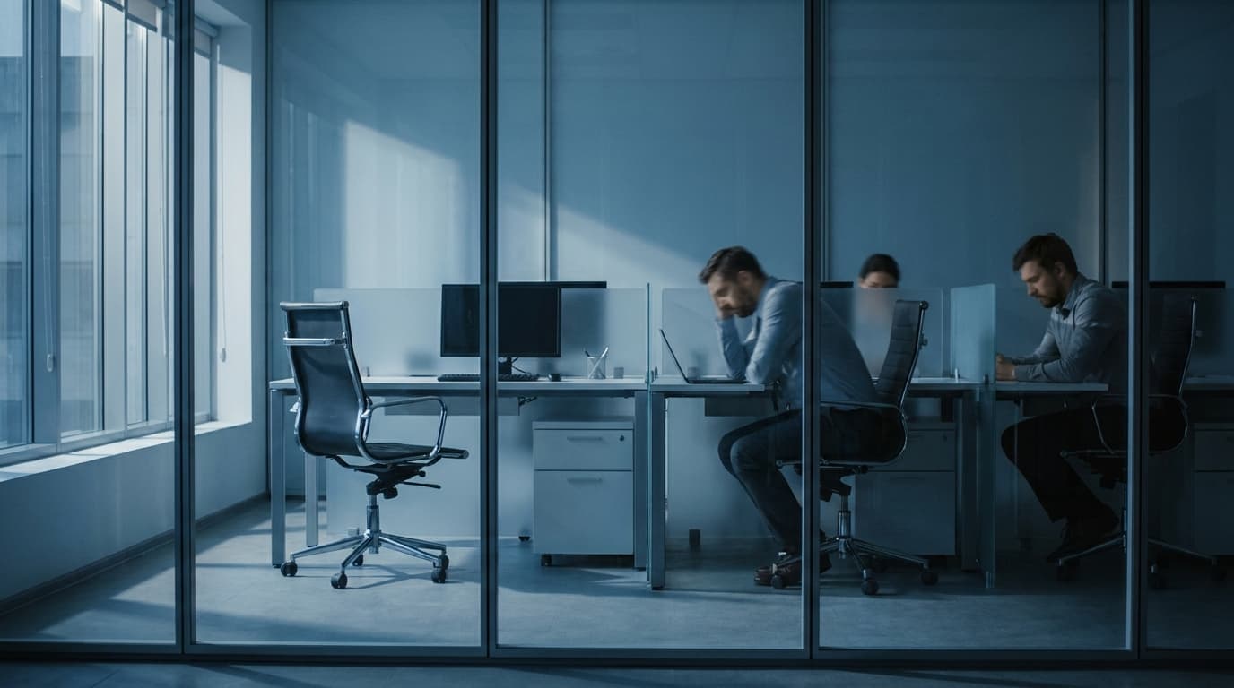 An illustration of a modern office environment showing isolated and anxious employees, symbolizing the cultural shift in tech due to layoffs.