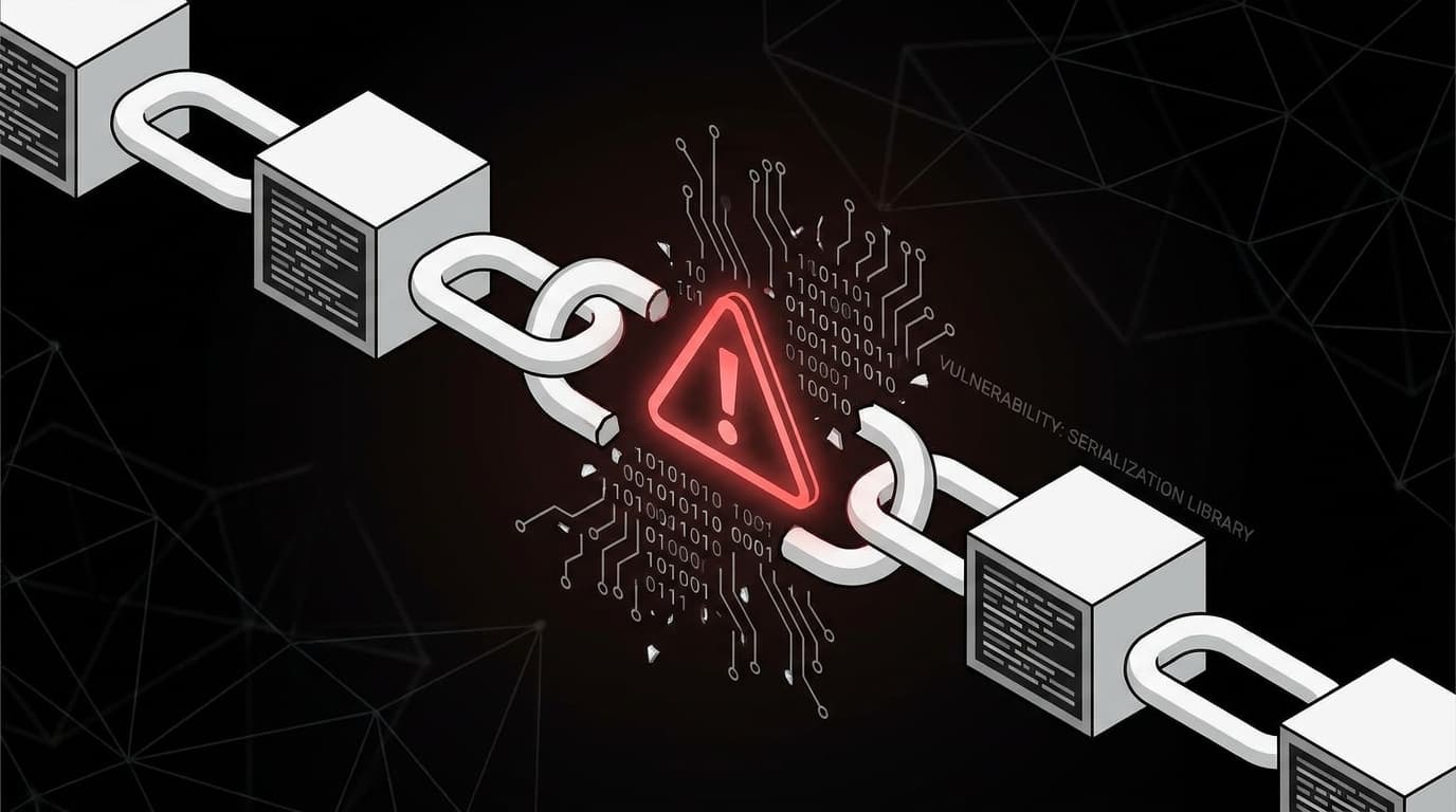 Abstract representation of a security vulnerability in a data protocol, showing a broken link in a chain.