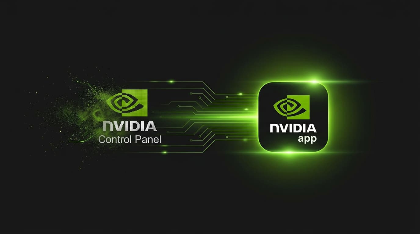 The old Nvidia Control Panel icon transitioning into the new unified Nvidia App icon, symbolizing the software's retirement after 20 years.