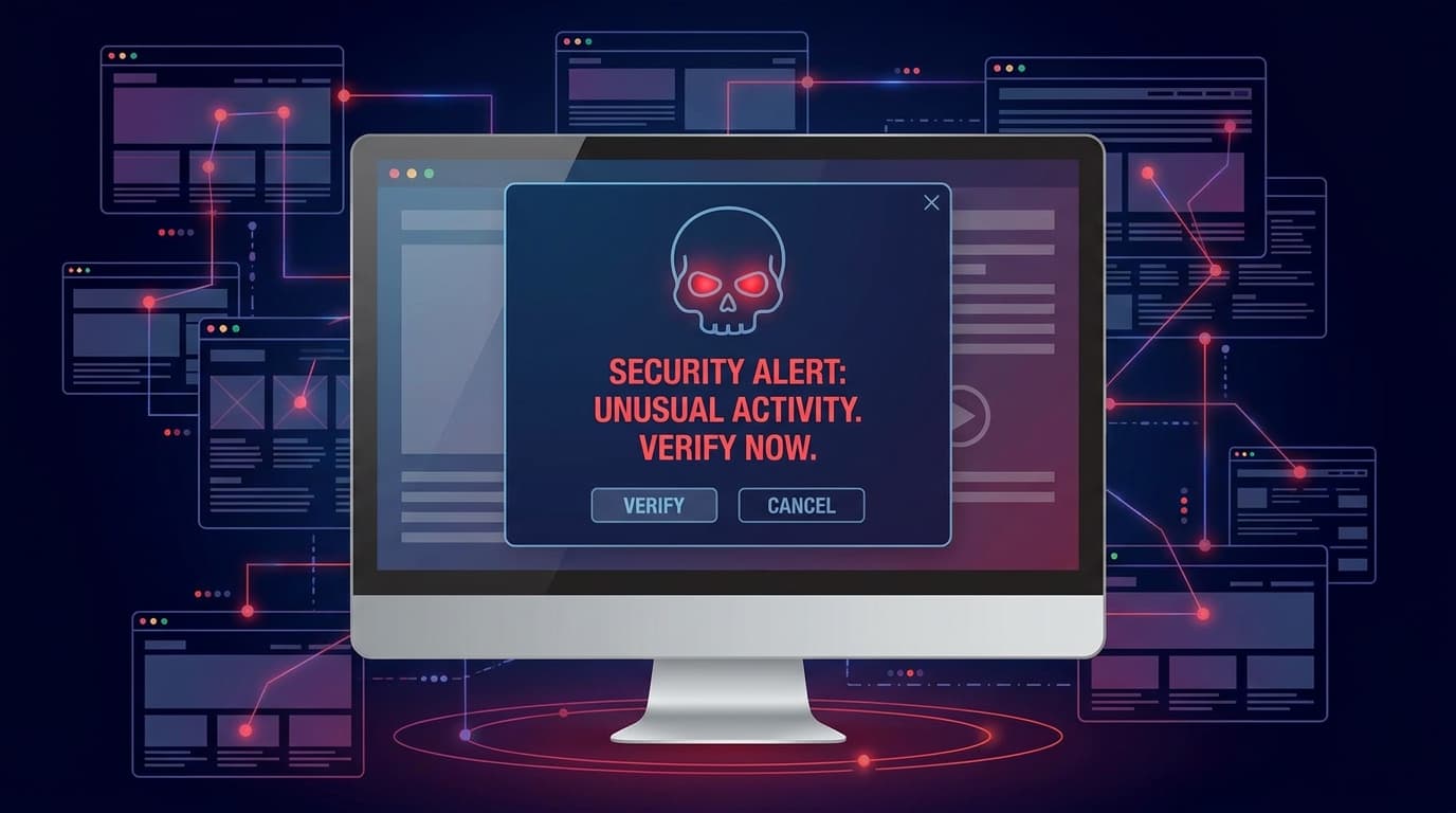A conceptual image representing a malware attack, showing a fake security warning on a computer screen against a backdrop of a digital network.