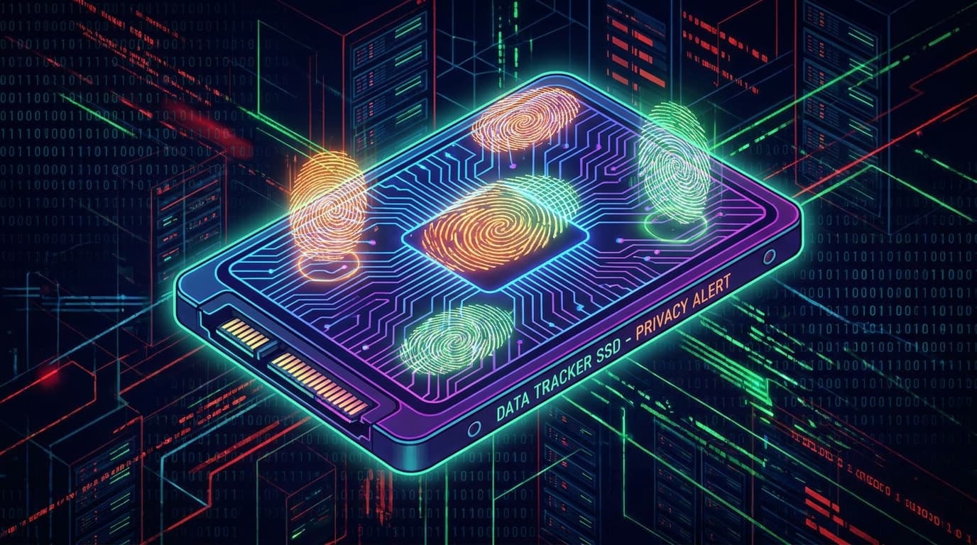 A digital illustration of a computer SSD with a glowing fingerprint on it, symbolizing user tracking through hardware analysis.