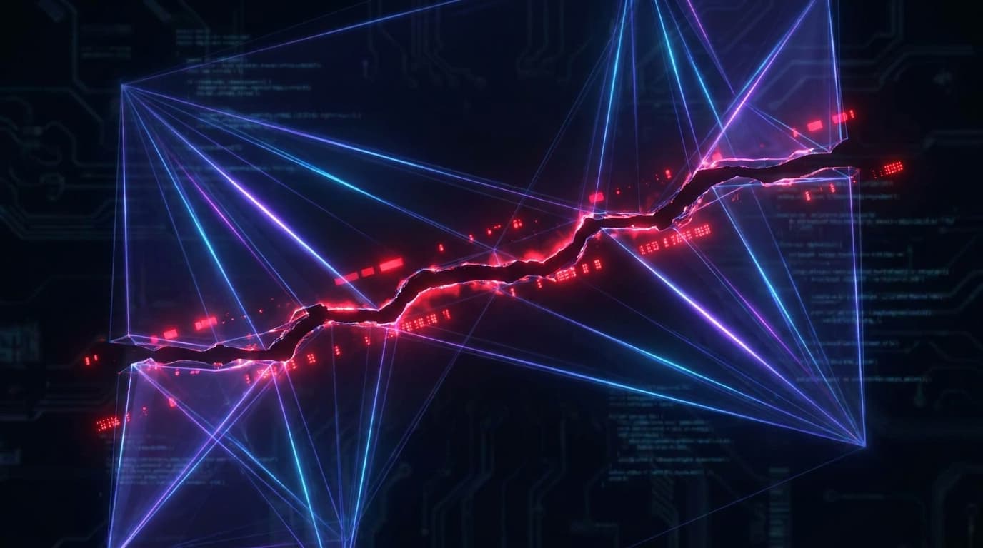 A conceptual image of a cracked digital firewall, symbolizing a security vulnerability and unauthorized access.