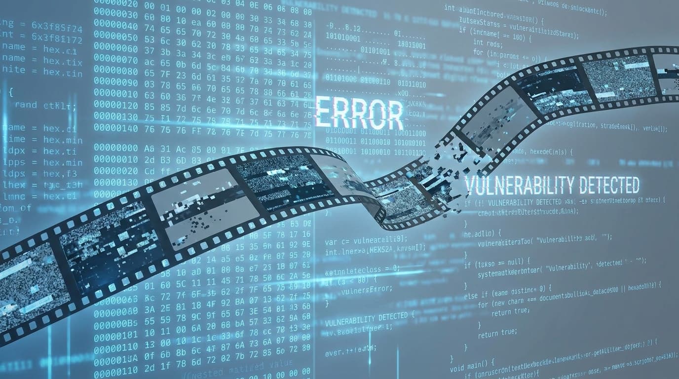 Abstract image of a broken film strip, symbolizing a vulnerability in the GStreamer multimedia framework.