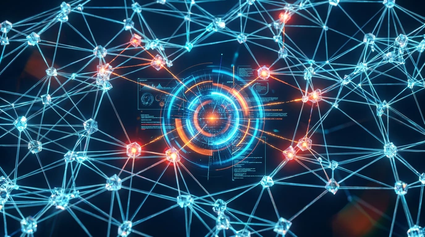 Abstract visualization of an AI analyzing a complex network, representing AWS Resilience Hub's new generative AI capabilities for system reliability.