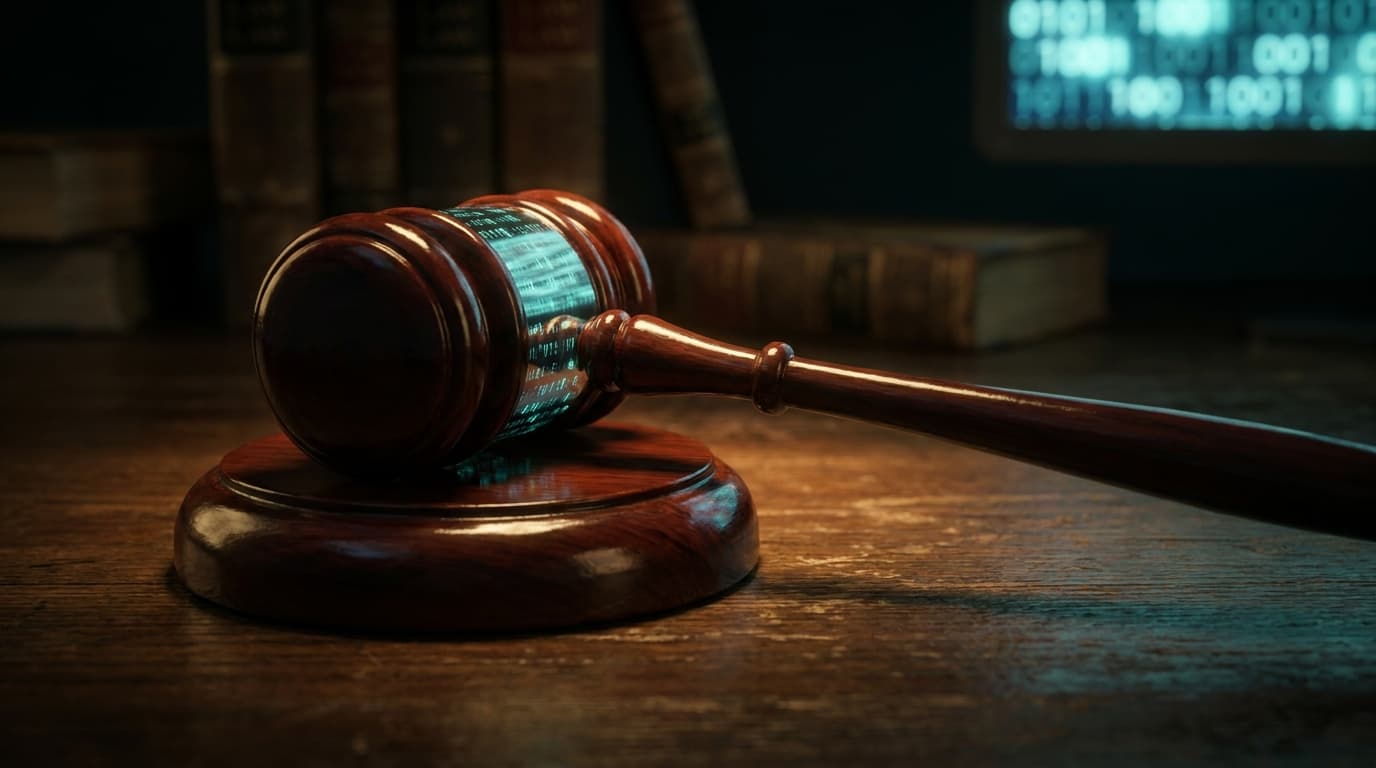 A judge's gavel rests on a desk, symbolizing the legal consequences of hacking and cybercrime.