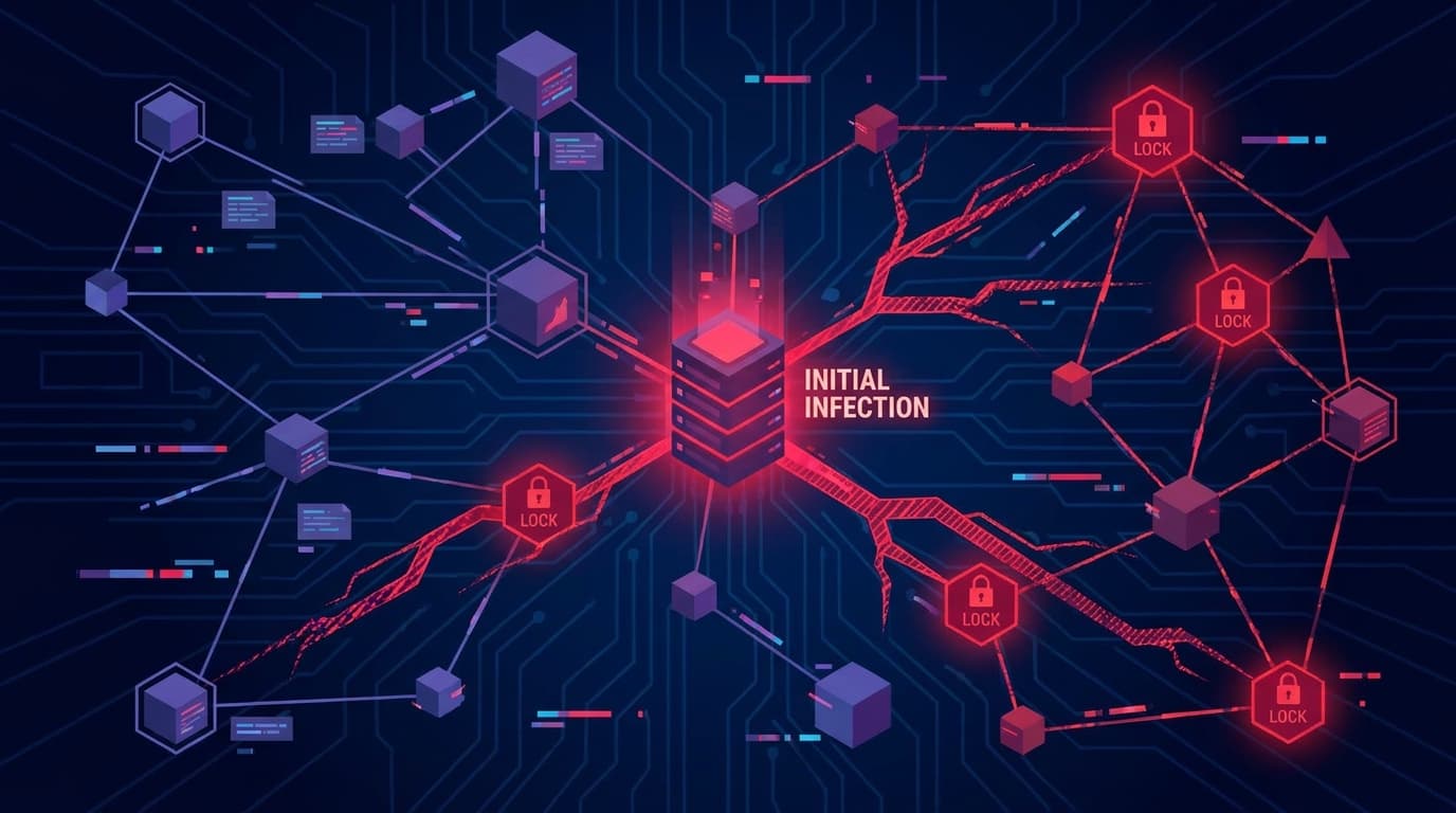 An abstract depiction of a self-propagating ransomware attack spreading through a computer network.