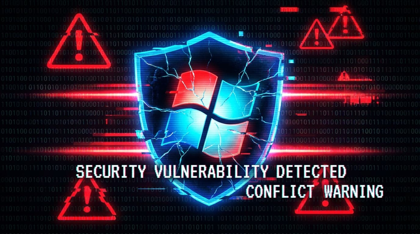 A cracked shield with the Windows logo, symbolizing a security threat.