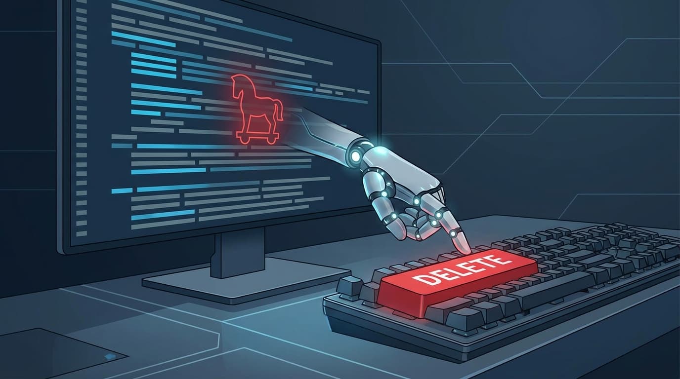 An illustration of a malicious prompt injection attack, where a hidden threat in code instructs an AI coding assistant to delete files.